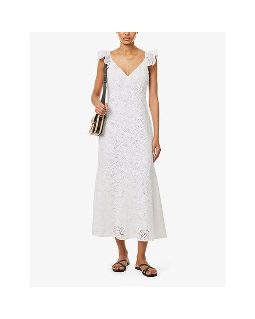 Polo Ralph Lauren White Floral-embroidered Frill-trim Linen Midi Dress