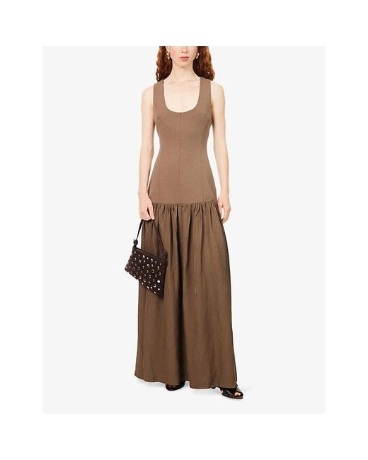 Odd Muse Brown Dropped Waist Cotton And Linen-Blend Maxi Dress