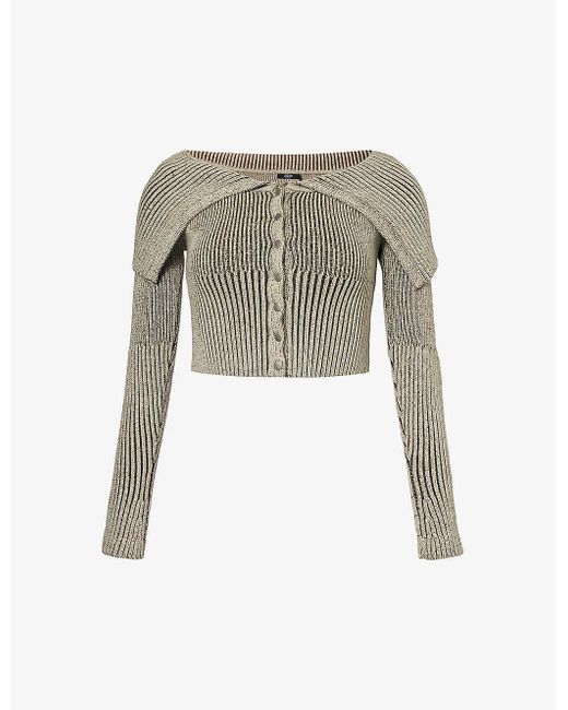 Jaded London Natural Folded-collar Cropped Slim-fit Cotton Knitted Top