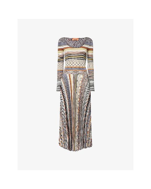 Missoni Multicolor Pleated Long-Sleeve Knit Midi Dress