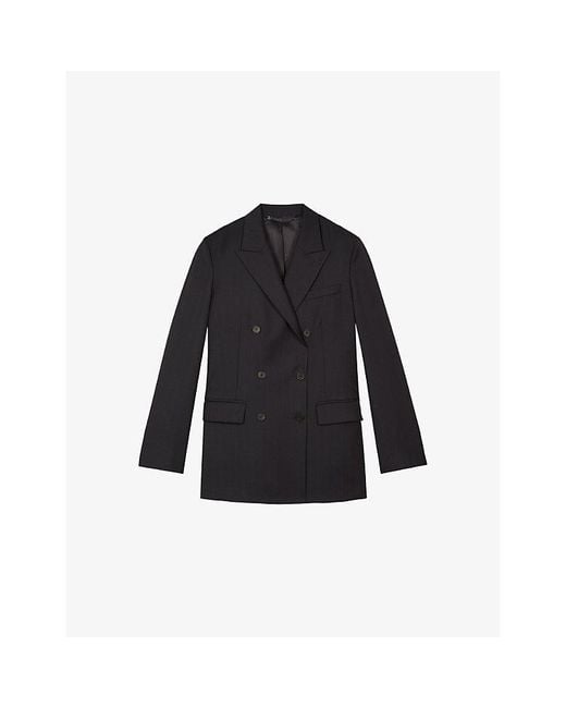 The Kooples Black Double-Breasted Notch-Lapel Wool Blazer