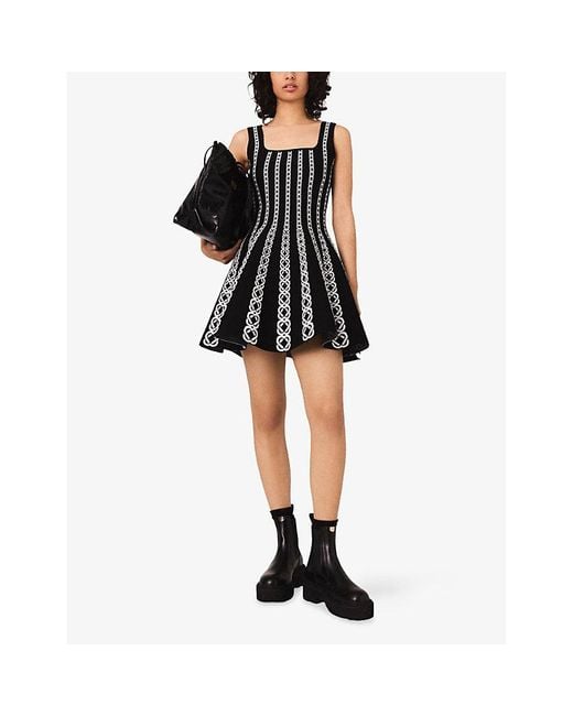 Maje Black Rope-Intarsia Square-Neck Stretch-Knit Mini Dress