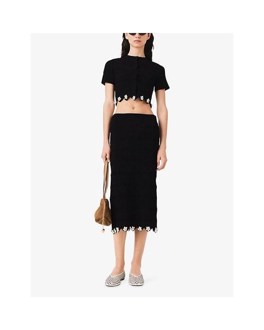 Maje Black Cropped Jewelled-Button Knitted Cardigan