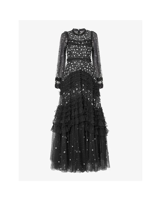 Needle & Thread Black Maybelle Sequin-embellished Ruffle-trim Woven Maxi Dress