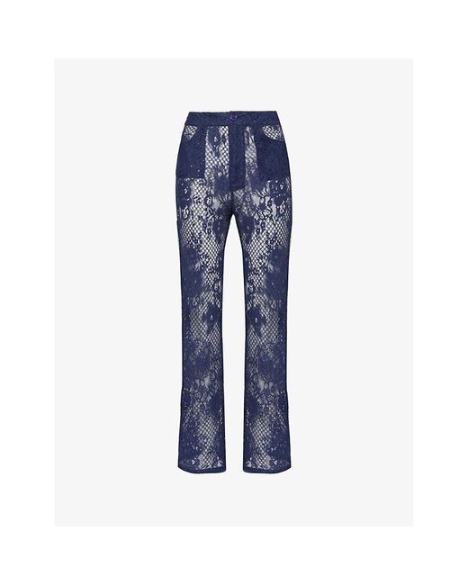 Sinead Gorey Blue Straight-leg High-rise Slim-fit Lace Trousers