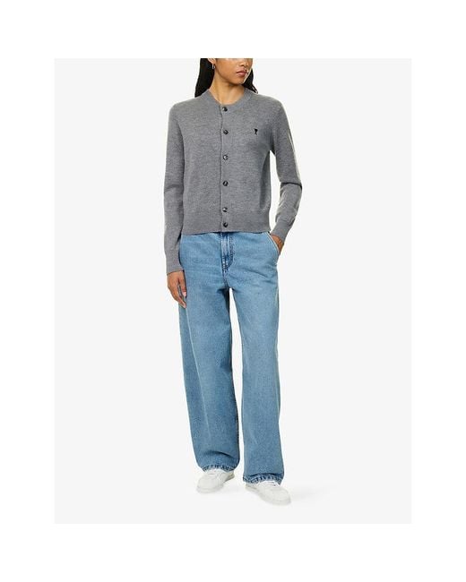 AMI Gray Ami De Coeur Crew Neck Wool Knit Cardigan