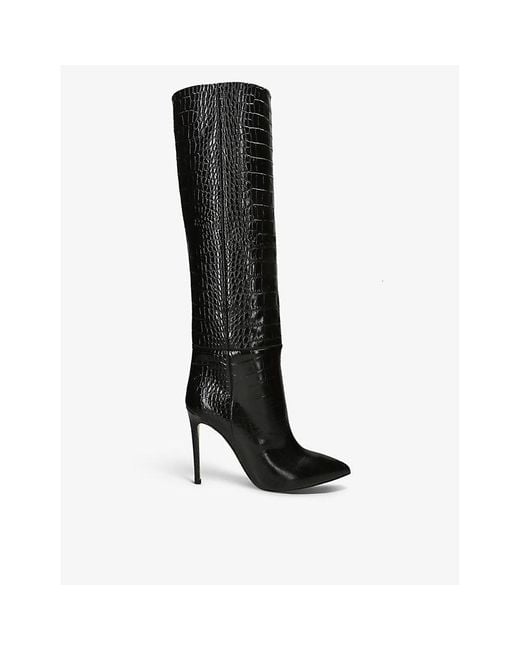 Paris Texas Black Pointed-Toe Croc-Embossed Leather Knee-High Boots