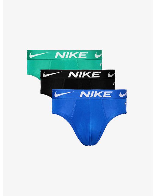 Nike Blue Branded-waistband Mid-rise Fitted Stretch Recycled-polyester Briefs Pack Of Three X for men
