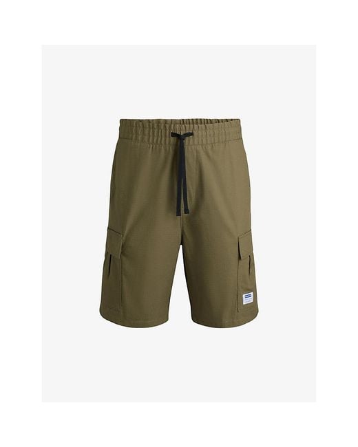 HUGO Green Logo-Badge Elasticated-Waist Cotton Shorts for men