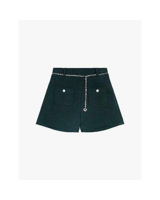 Maje Green Tweed Chain-Embellished Stretch Cotton-Blend Shorts