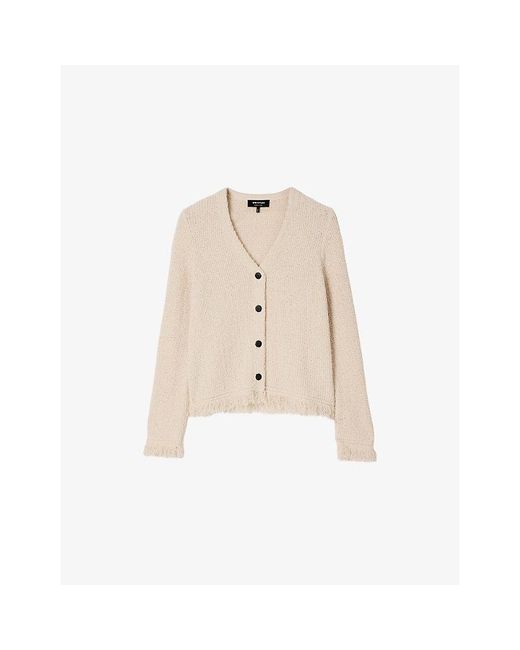 Whistles Natural Fringe-Trim Boucle-Knit Cardigan