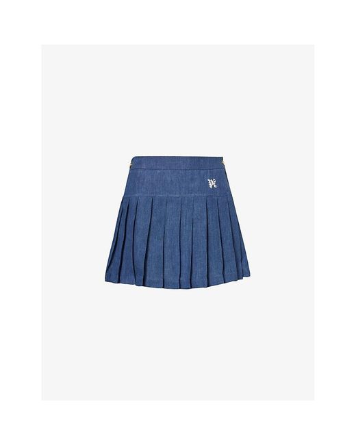 Palm Angels Blue Logo-embroidered Pleated Mid-rise Linen Mini Skirt