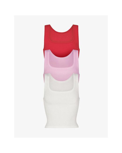 Skims Redribbed Stretch-cotton Tank Top Pack Of Three