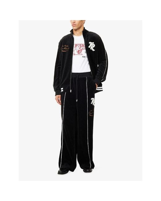 True Religion Black Embroidered Piping-Detail Velour Tracksuit Bottoms for men