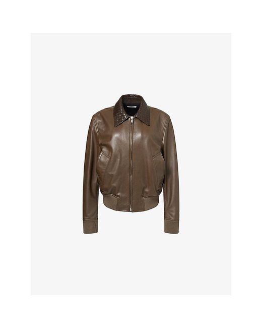 Bottega Veneta Brown Intrecciato-Collar Leather Bomber Jacket