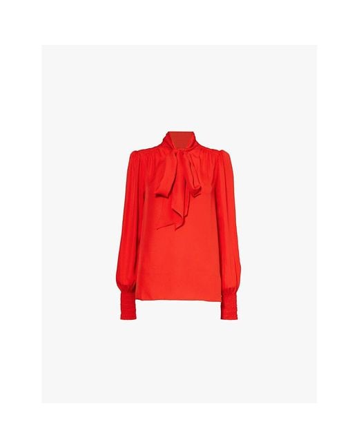 ME+EM Red Poppy Tie-Neck Long-Sleeved Silk-Crepe Blouse