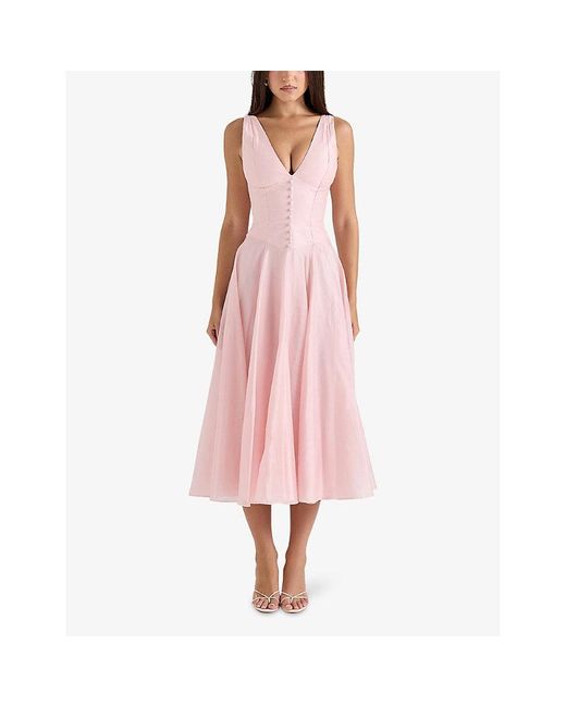House Of Cb Pink Samira Button-Embellished Chiffon Midi Dress Xs (A-C Cup)