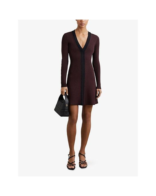 Reiss Purple Alma V-Neck Knitted Mini Dress