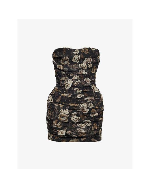 Magda Butrym Black Strapless Floral Silk Mini Dress