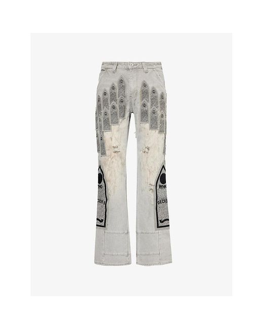 Who Decides War Gray Distressed Branded-patch Denim Trousers for men