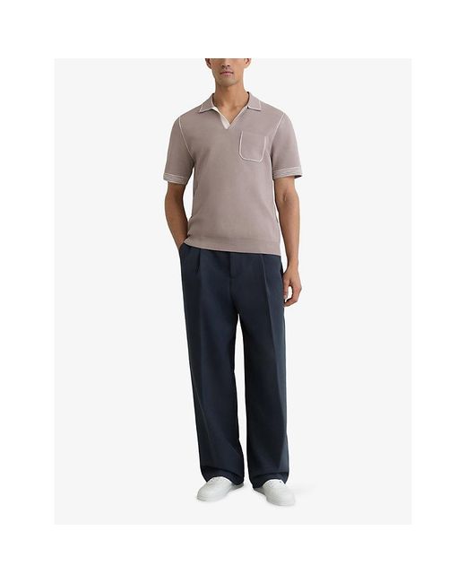 Reiss Brown Newbury Contrast-Stitch Stretch-Knit Polo Shirt for men