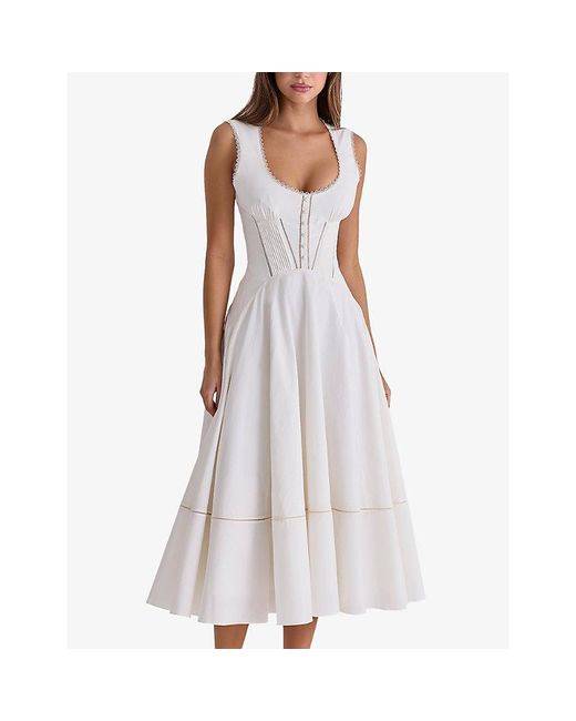 House Of Cb White Solana Button-Front Cotton Midi Dress Xs (A-C Cup)