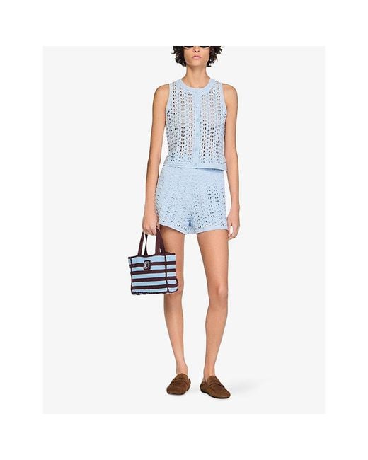 Sandro Blue Crochet Bead-Embellished Knitted Cardigan