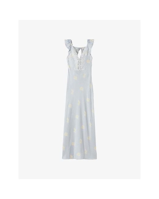Claudie Pierlot White Floral-Print Lace-Trim Satin Maxi Dress