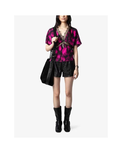 Zadig & Voltaire Purple Tzar Blur-Print Lace-Trim Silk Top