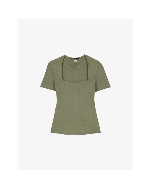 Maje Green Ribbed Square-Neck Stretch Cotton-Blend Top