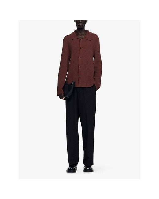 Sandro Brown Collared Waffle-Knit Cashmere-Blend Shirt for men