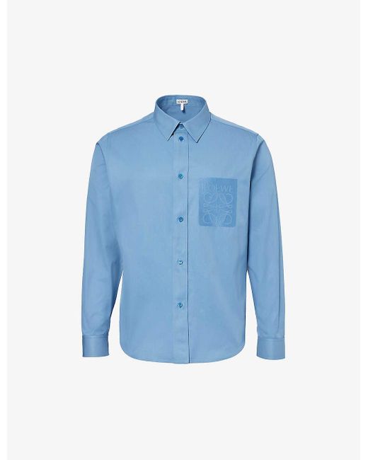 Loewe Blue Anagram-embroidered Pleated-cuffs Relaxed-fit Cotton-twill Shirt for men