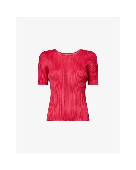 Pleats Please Issey Miyake Red New Colorful Basics 4 Short-Sleeves Knitted Top