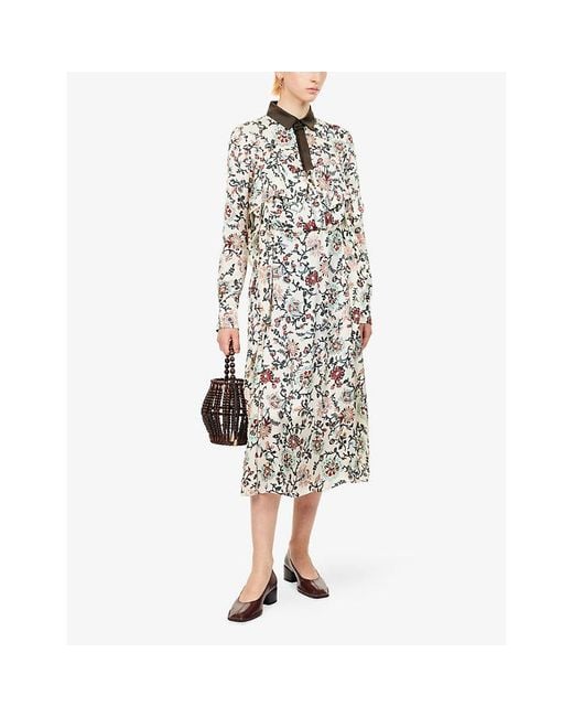 Sacai White Florla-Print Satin-Collar Woven Midi Dress