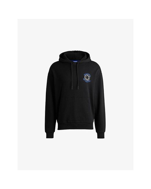 HUGO Black Graphic-Print Relaxed-Fit Cotton-Jersey Hoody for men