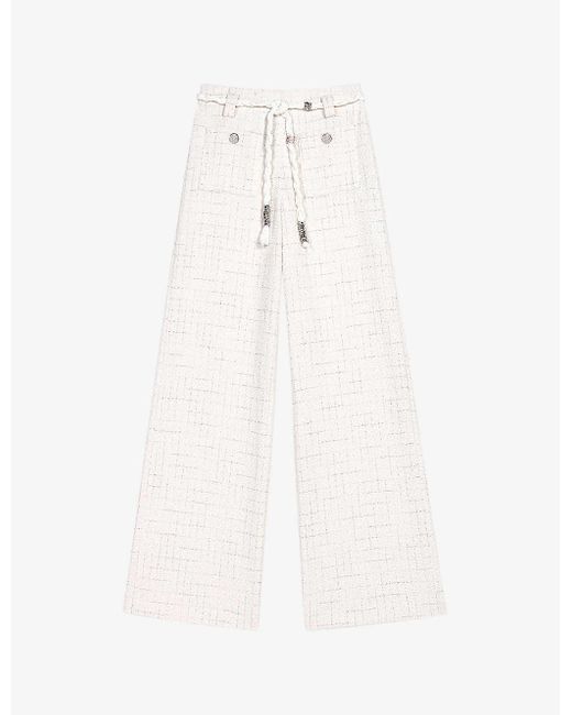 Maje White Wide-leg High-rise Stretch Metallic-tweed Trousers