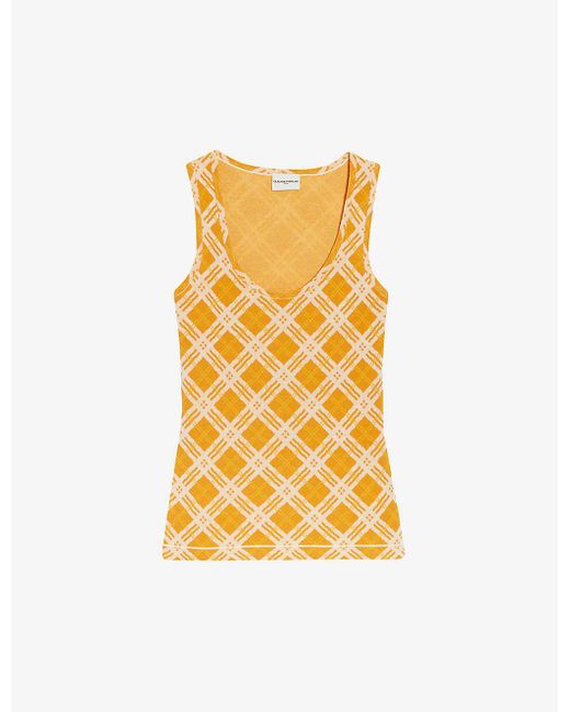 Claudie Pierlot Yellow Check-print Slim-fit Cotton-blend Vest Top