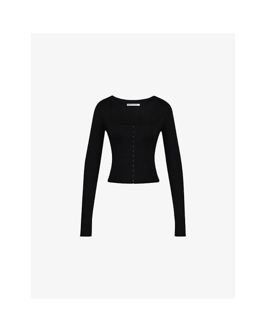 House Of Cb Black Square-Neck Long-Sleeved Stretch-Woven Top Xs (A-C Cup)