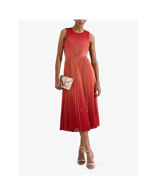 Phase Eight Red Simara Pleated Woven Midi Dress