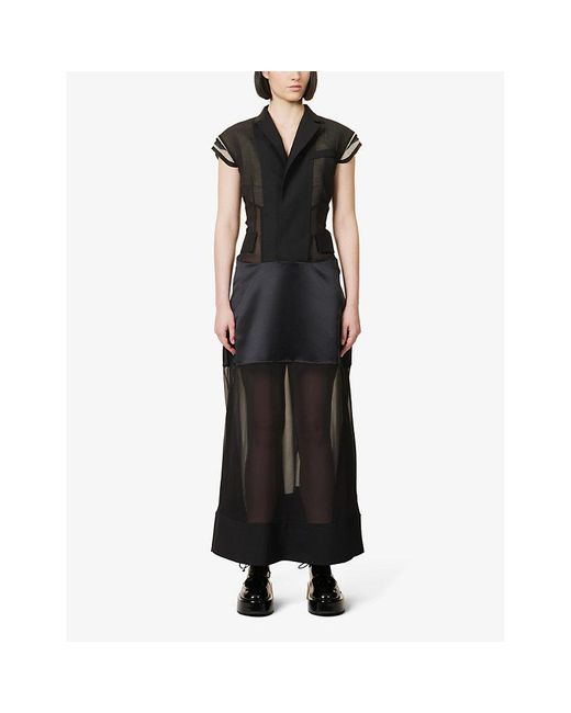 Sacai Black Suiting Notched-lapel Semi-sheer Mesh And Silk Maxi Dress