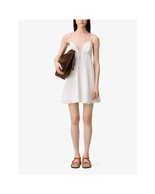 Claudie Pierlot White V-Neck Lace-Trim Woven Mini Dress