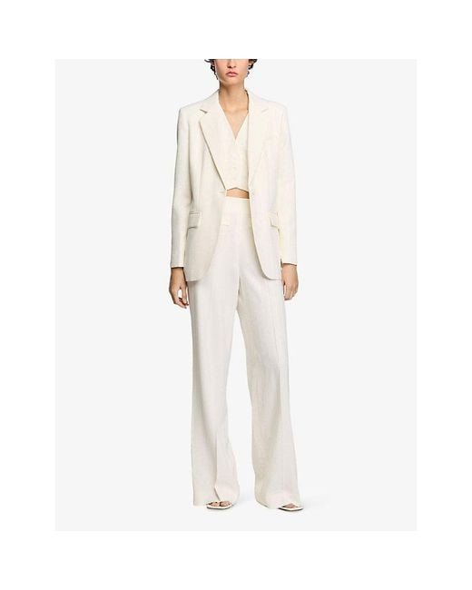 Sandro White Sequin-Embellished Straight-Leg Woven Trousers