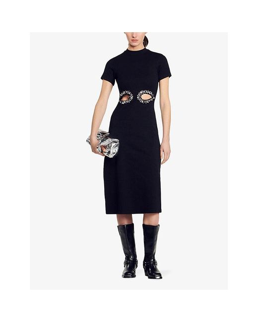 Sandro Black Crystal-embellished Cut-out Stretch-cotton Midi Dress