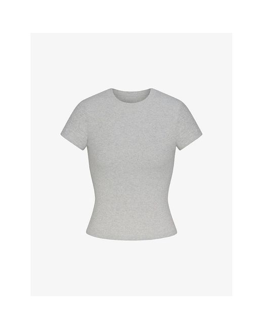 Skims Gray Scoop-neck Cropped Stretch-cotton T-shirt