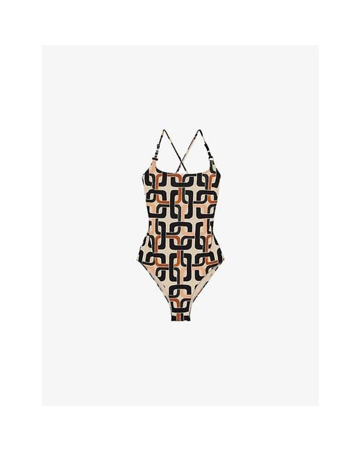 Reiss White Florence Chain-Print Square-Neck Stretch-Cotton Swimsuit