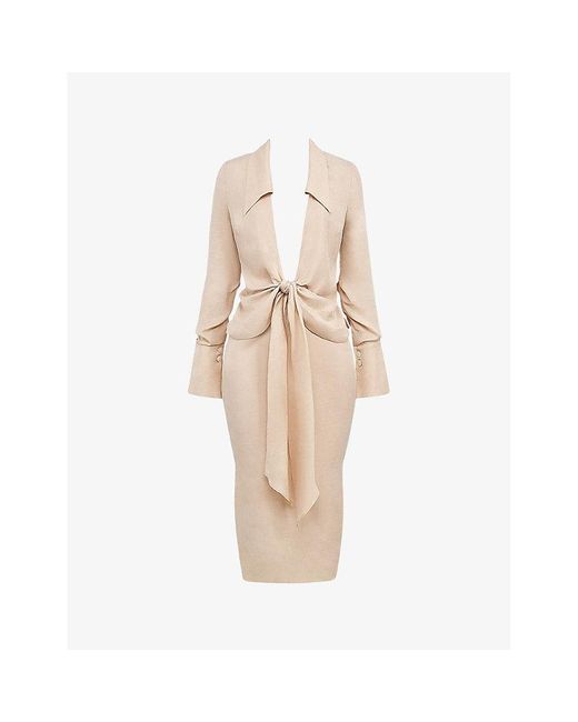 House Of Cb Natural Nevaeh Plunge-Neck Woven Midi Dress