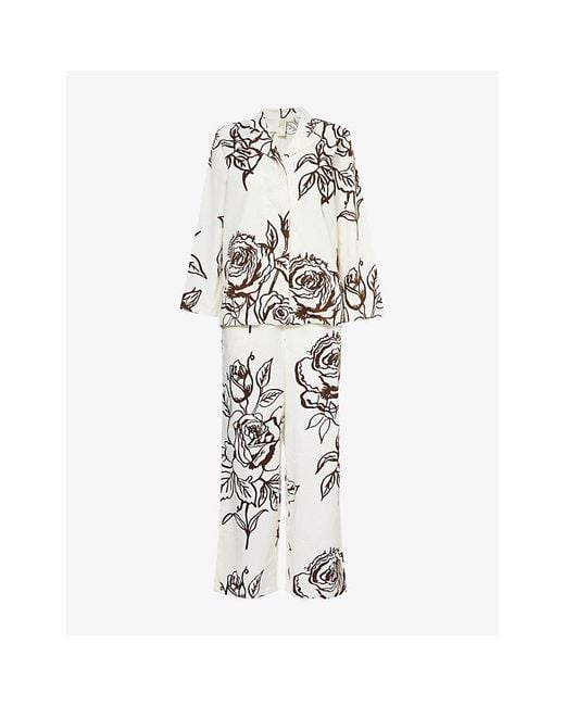 Desmond & Dempsey White Contrast-Trim Long-Sleeve Cotton Pyjama Set