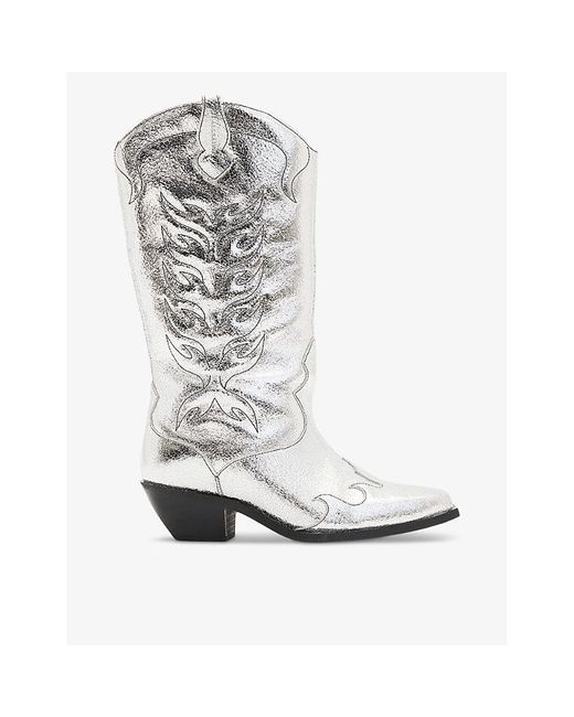 AllSaints White Dolly Stitchwork Heeled Leather Western Boots