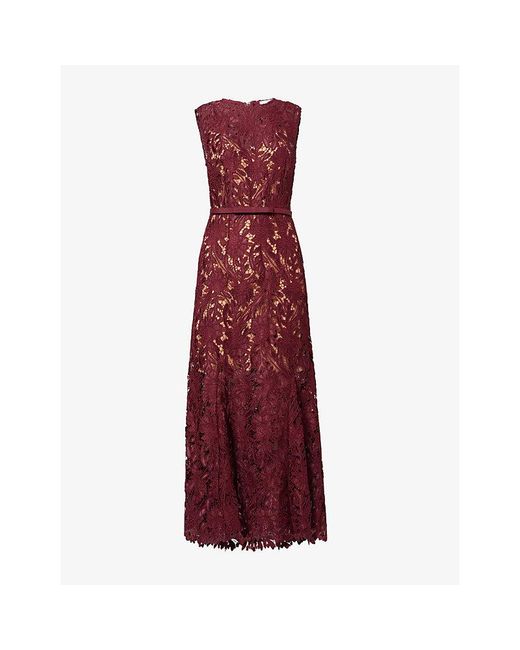 Self-Portrait Purple Guipure-Lace Stretch-Woven Midi Dress