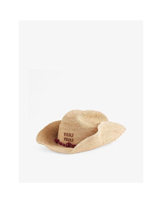 Miu Miu Natural Embroidered Cord-Trim Raffia Cowboy Hat